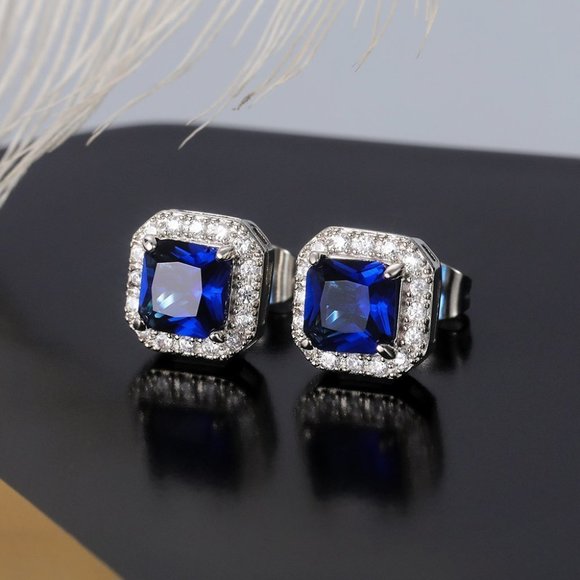 Jewelry - 🎁Shiny White Royal Blue CZ Filled Big Square Stud Earrings, MLNN1036